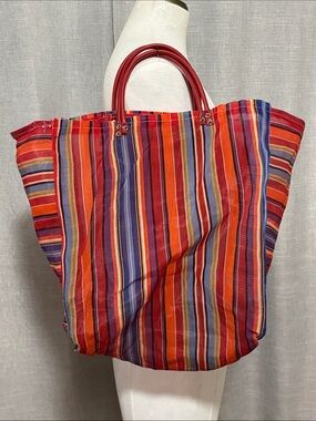 Vintage Woven Plastic Tote Bag-Rainbow Stripes-Mesh Look-Hand Carry Double Strap